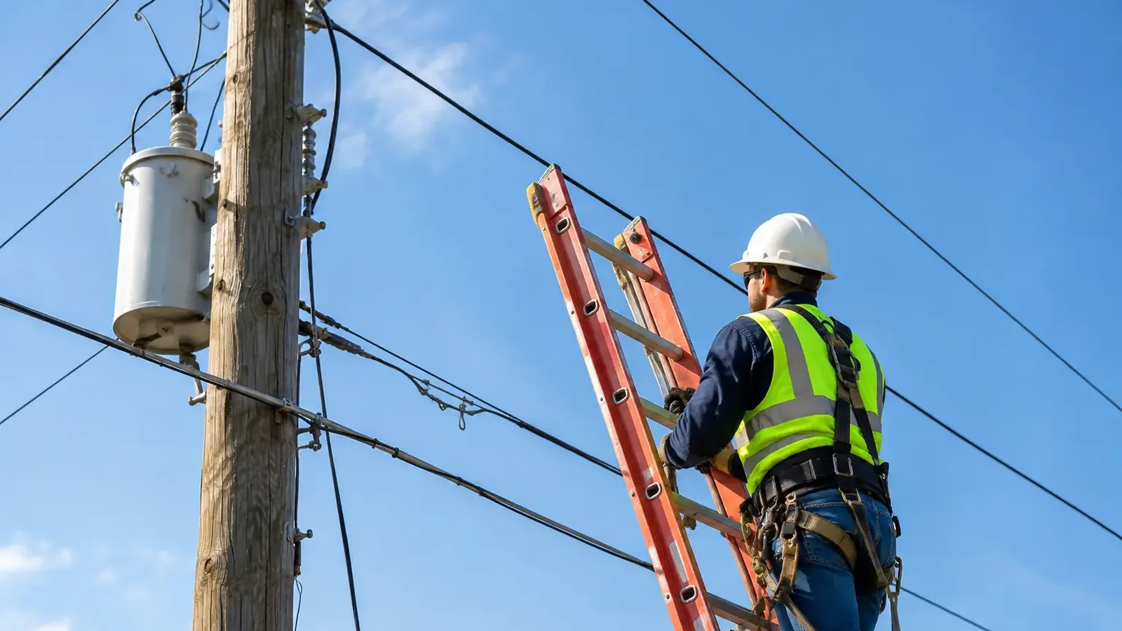 Worker climbing a ladder set against a utility pole near overhead power lines