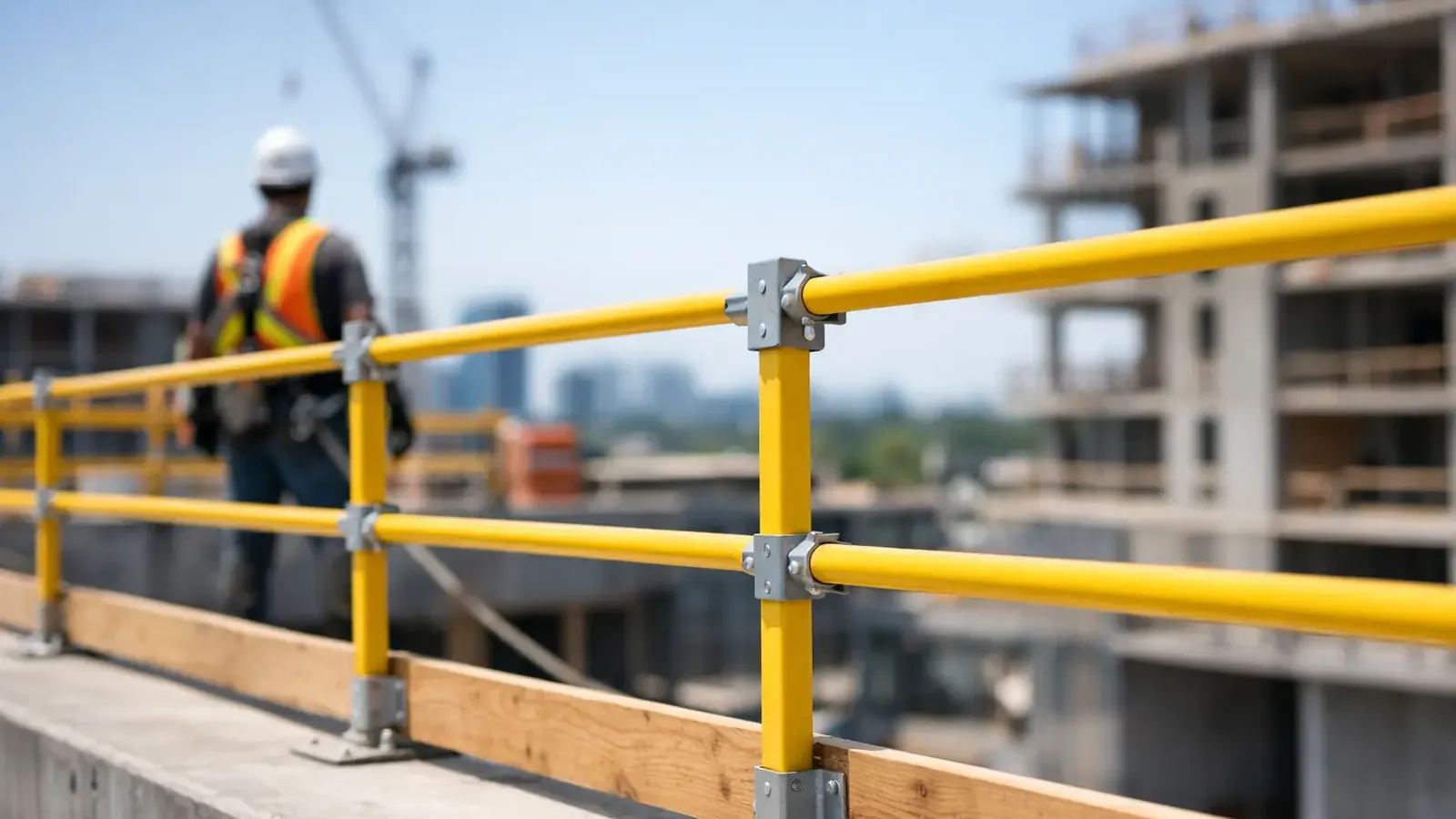 Yellow guardrail system along the open edge of a building under construction