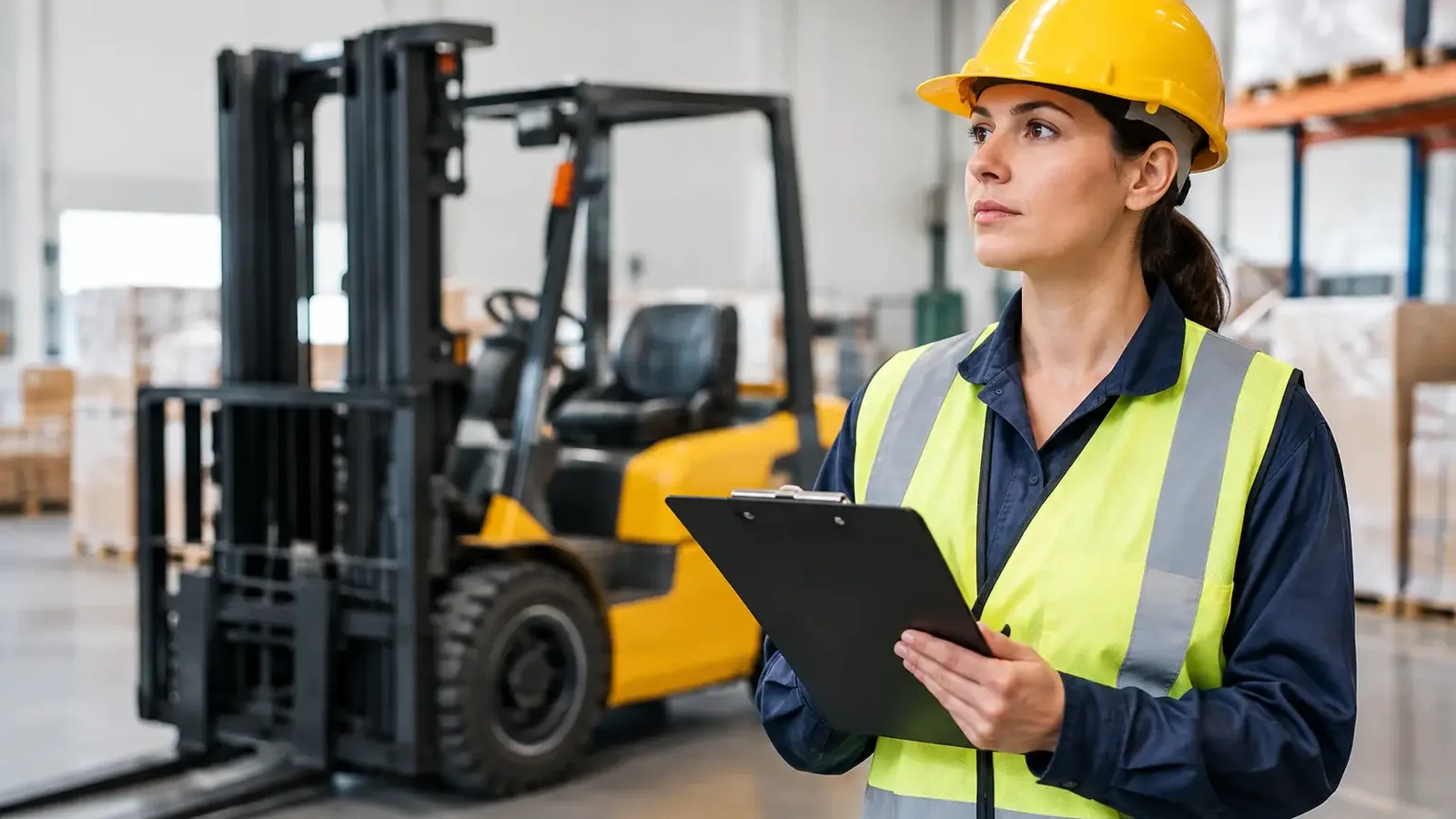 Supervisor with a clipboard standing beside a forklift in a warehouse