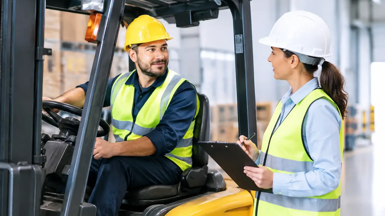 Evaluator with a clipboard observing a forklift operator in the seat