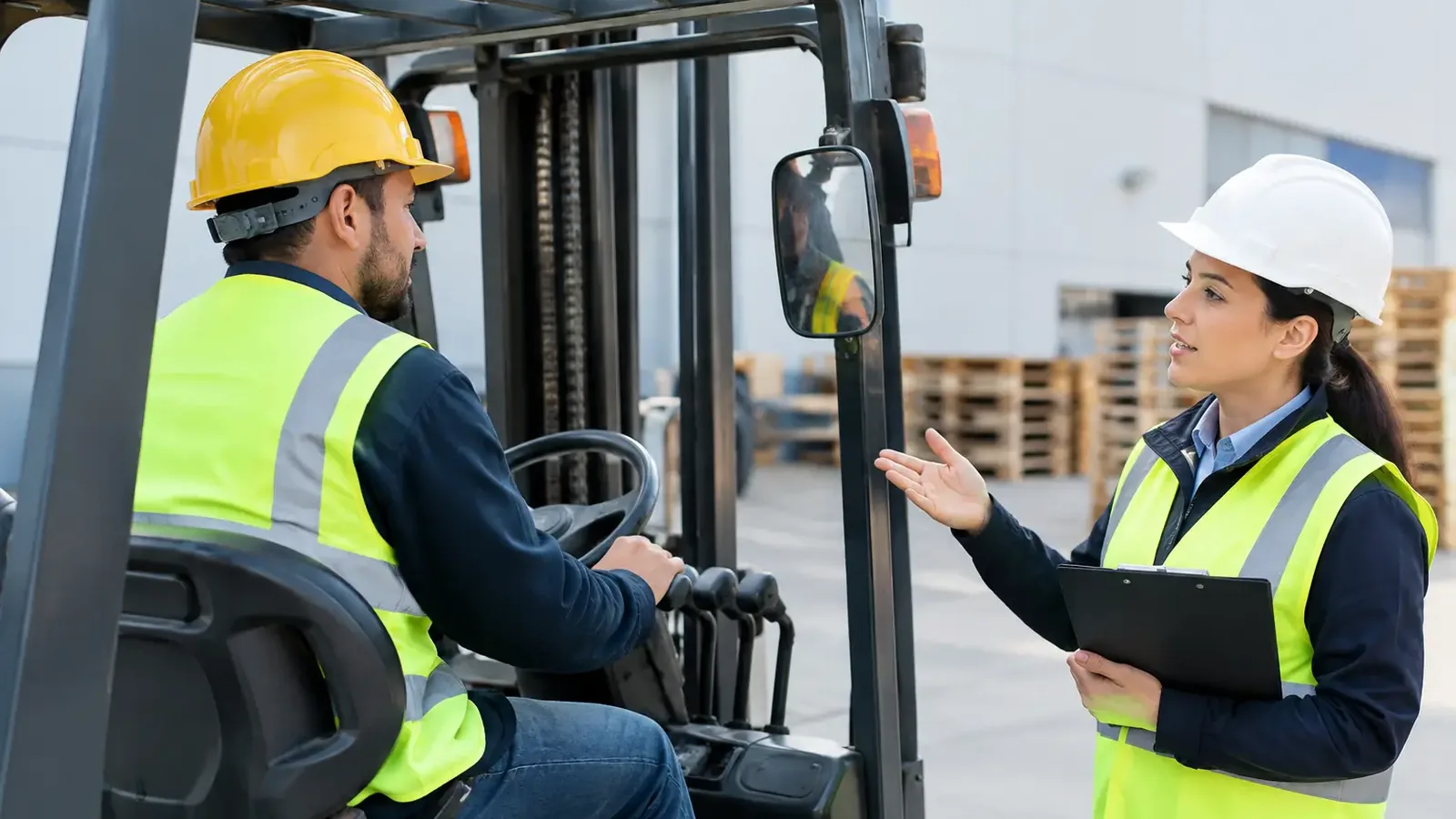Trainer talking with a forklift operator during refresher training