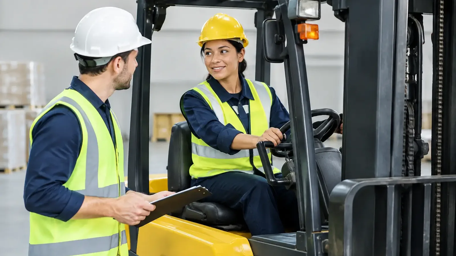 Evaluator watching a forklift operator during a practical review