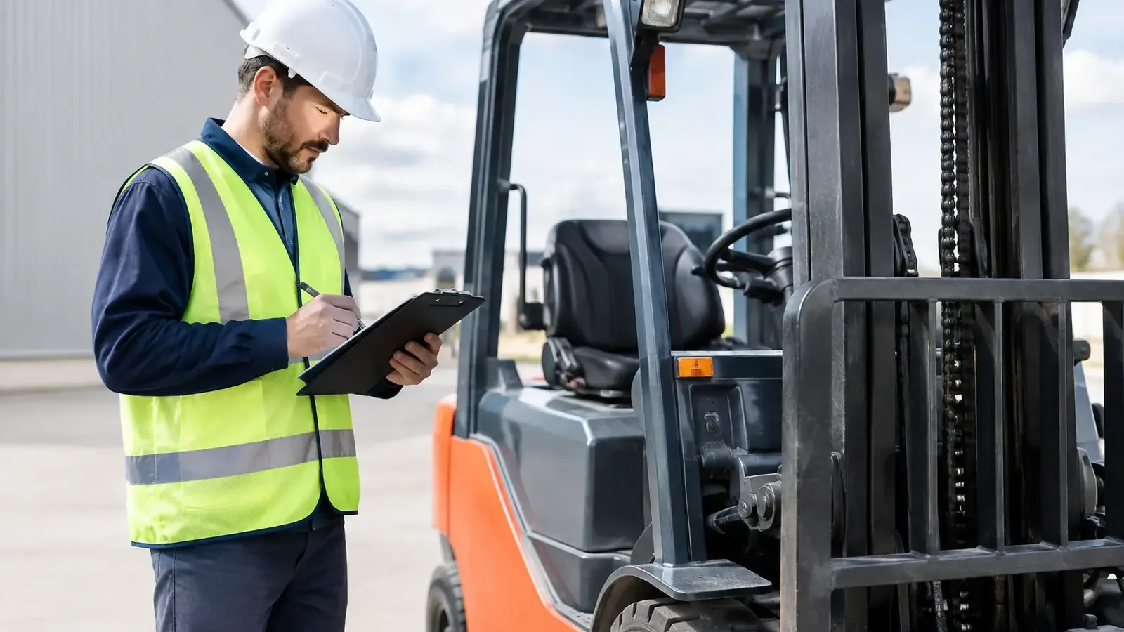 Operator completing a pre-shift checklist beside a forklift