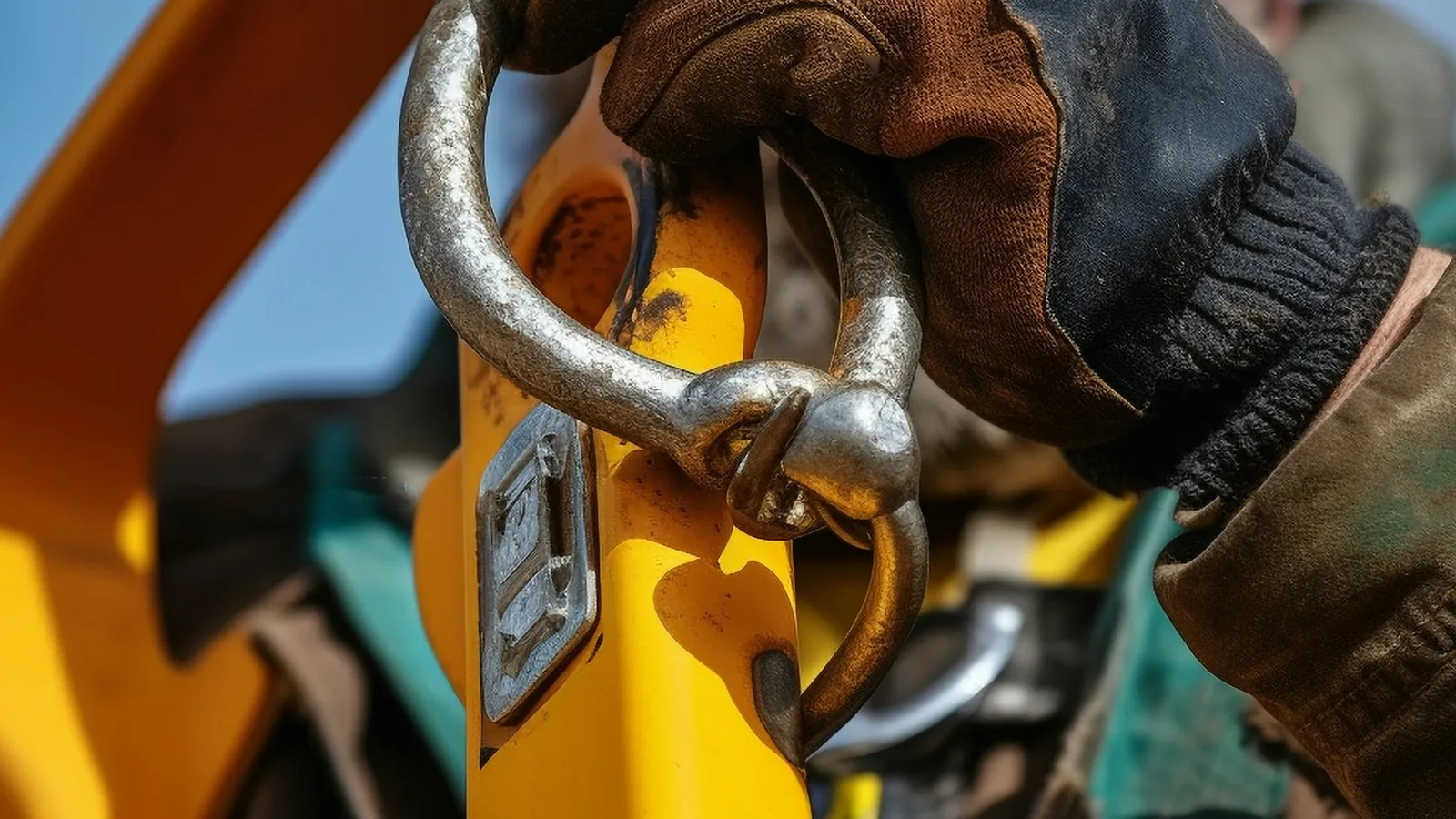 Gloved hand holding a steel fall-protection snap hook and a yellow connector