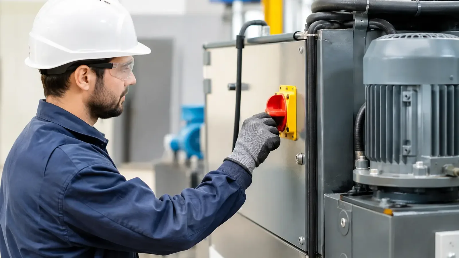 Technician operating an energy isolating device on a machine