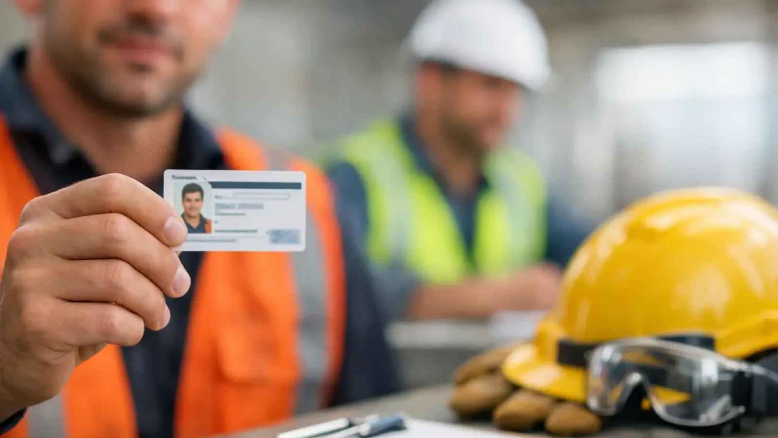 Worker holding up a wallet-size training card on a job site