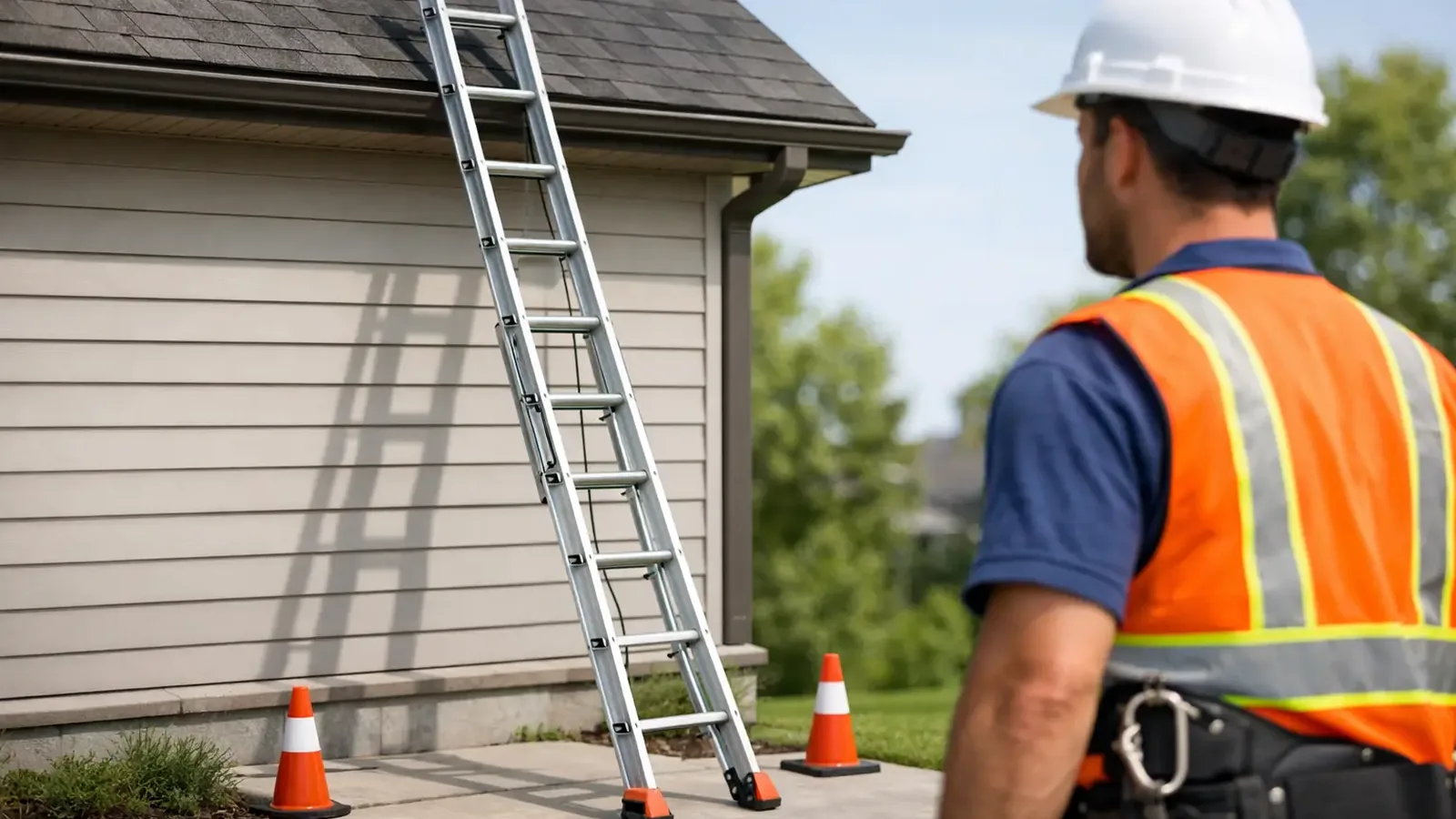 Extension ladder set against a house with cones at the base and a worker nearby