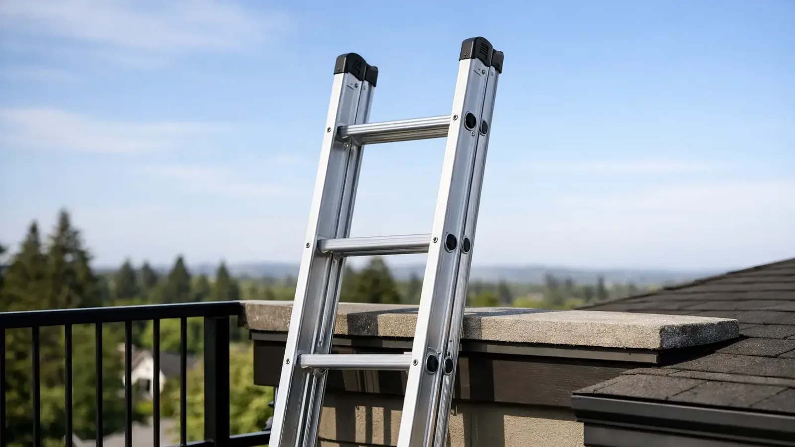 Extension ladder rails extending above a roof landing