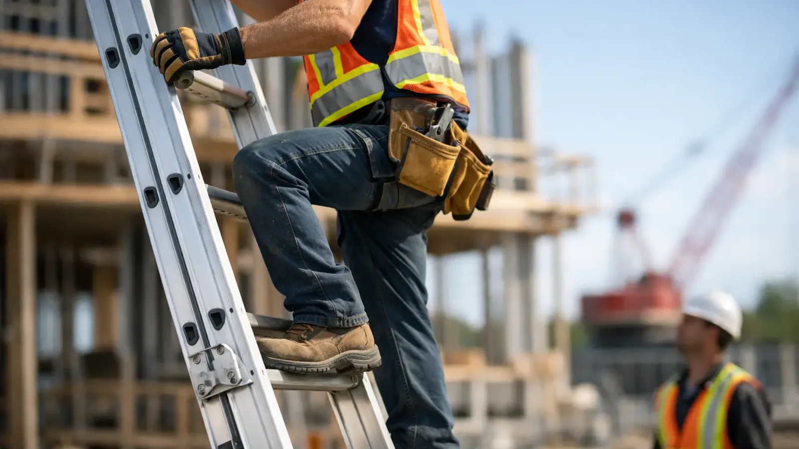 Worker climbing an extension ladder on a construction site