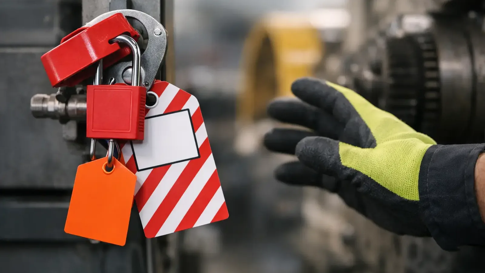 Gloved hand near a lockout hasp with padlocks and a danger tag on equipment
