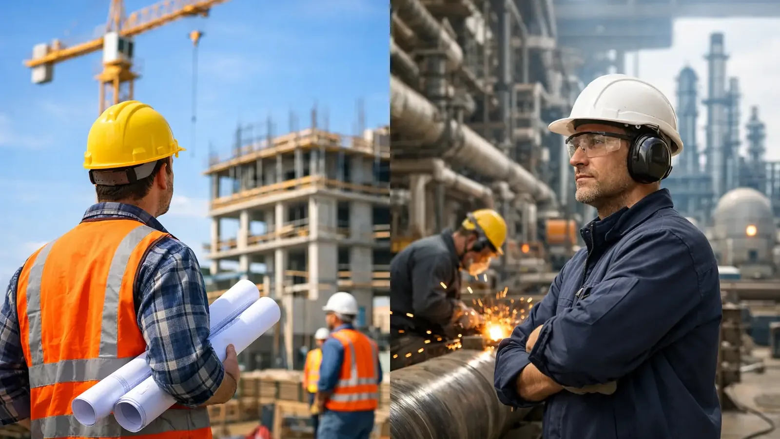 Construction worker on a building site beside a worker in an industrial plant