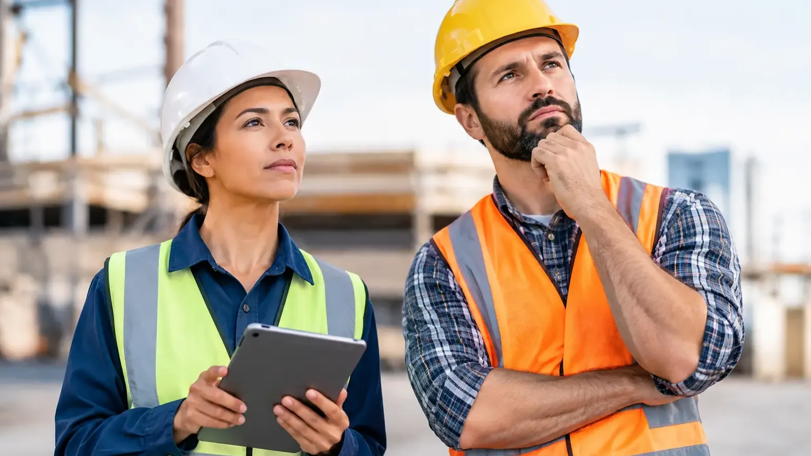 Two workers on a construction site comparing information on a tablet
