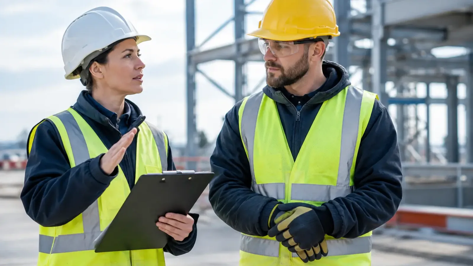 Two workers in hard hats discussing a training record on a tablet