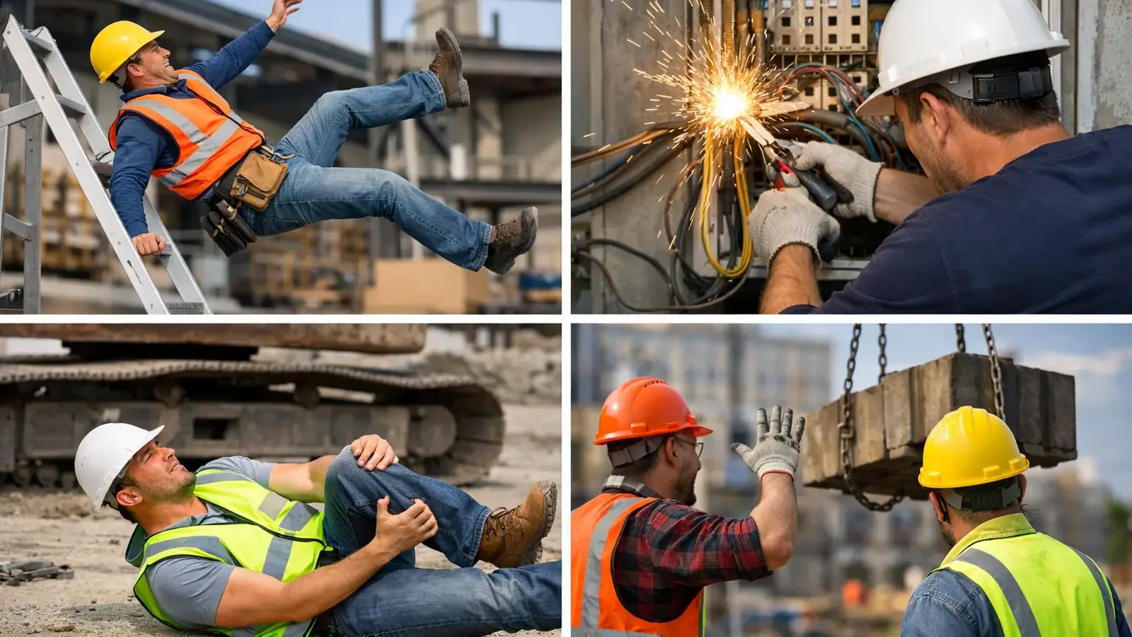 Four panels showing a fall, an electrical hazard, a struck-by hazard, and a caught-between hazard