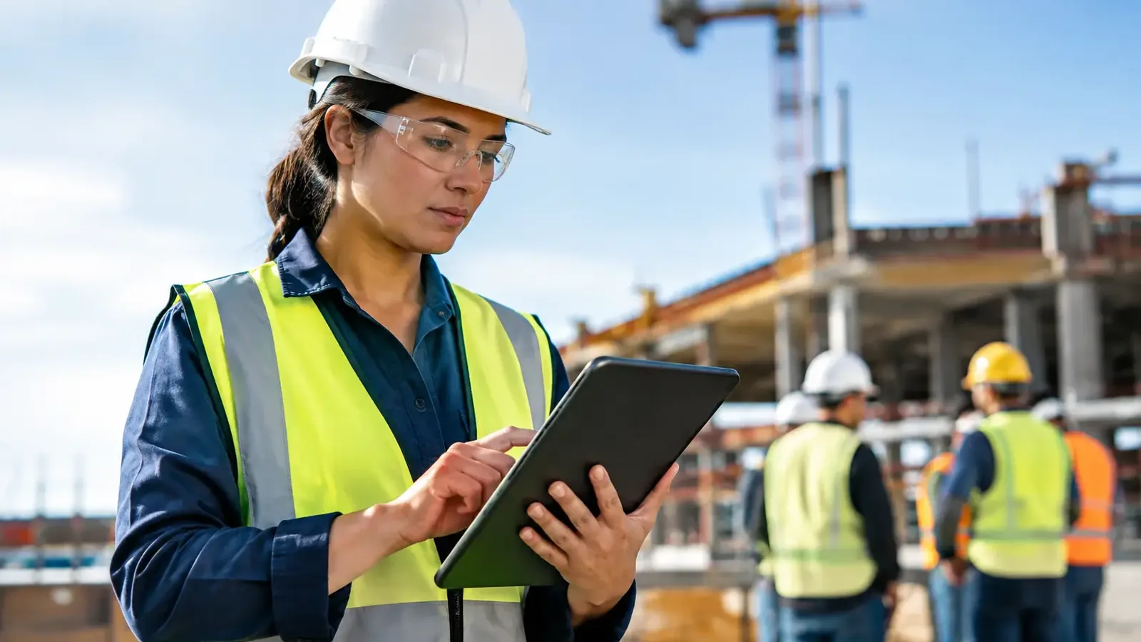 Worker reviewing a tablet on a construction site with other workers behind