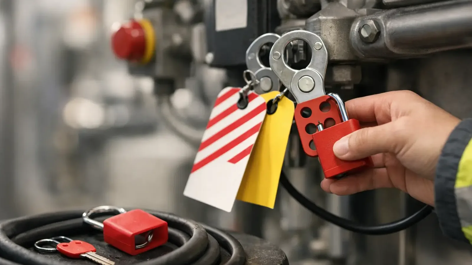 Hand removing a padlock and tag from a lockout hasp on equipment