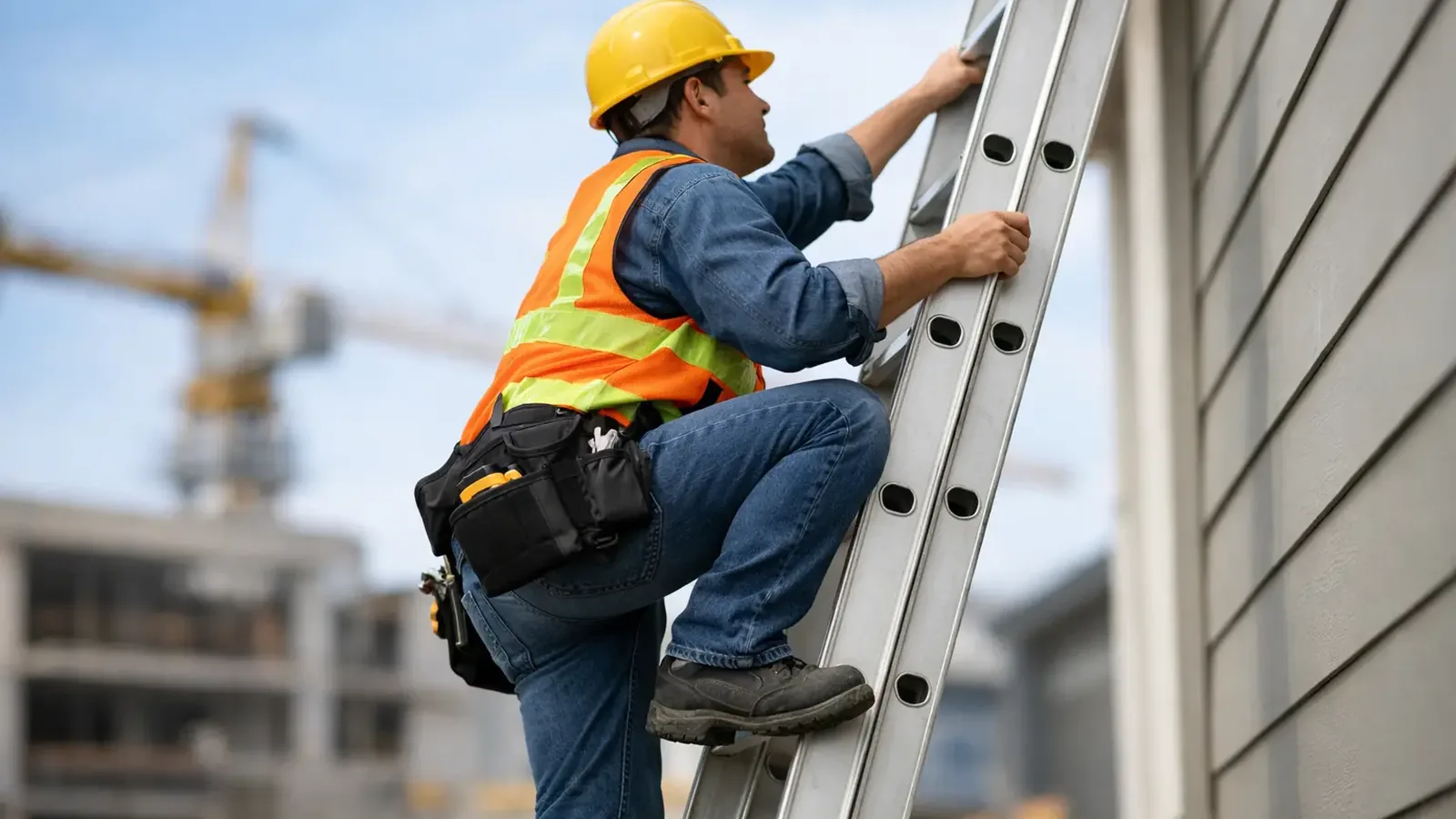 Worker climbing a ladder with both feet and one hand on the ladder