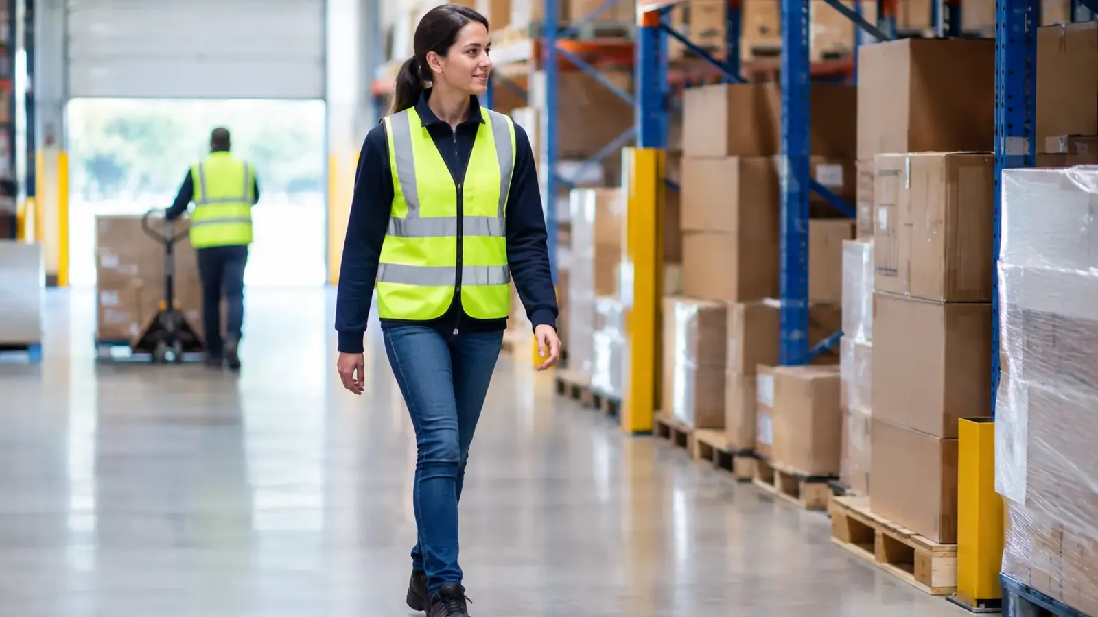 Pedestrian walking in a marked warehouse aisle beside pallet racking