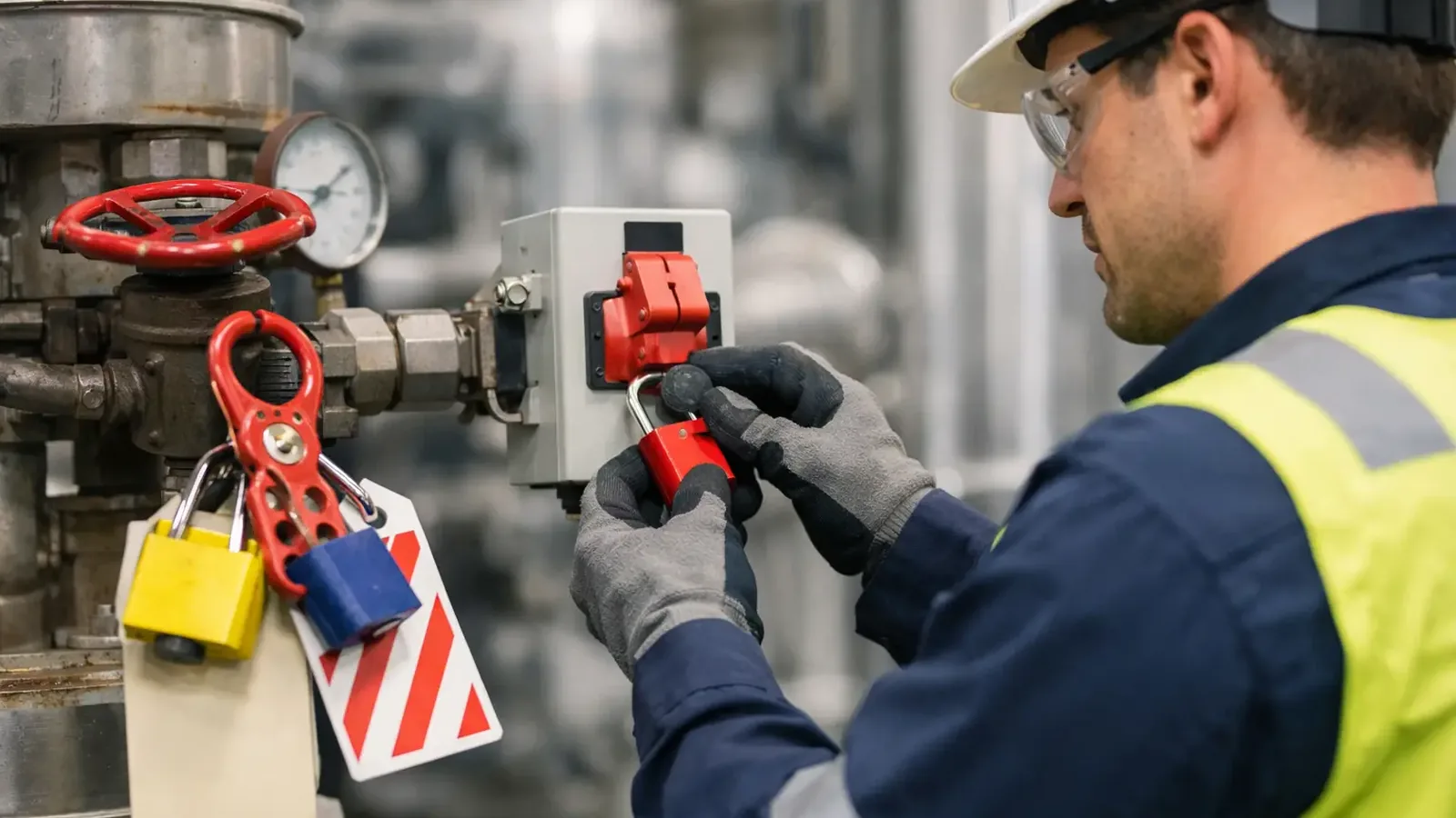 Technician applying a lock and tag to a valve and electrical disconnect