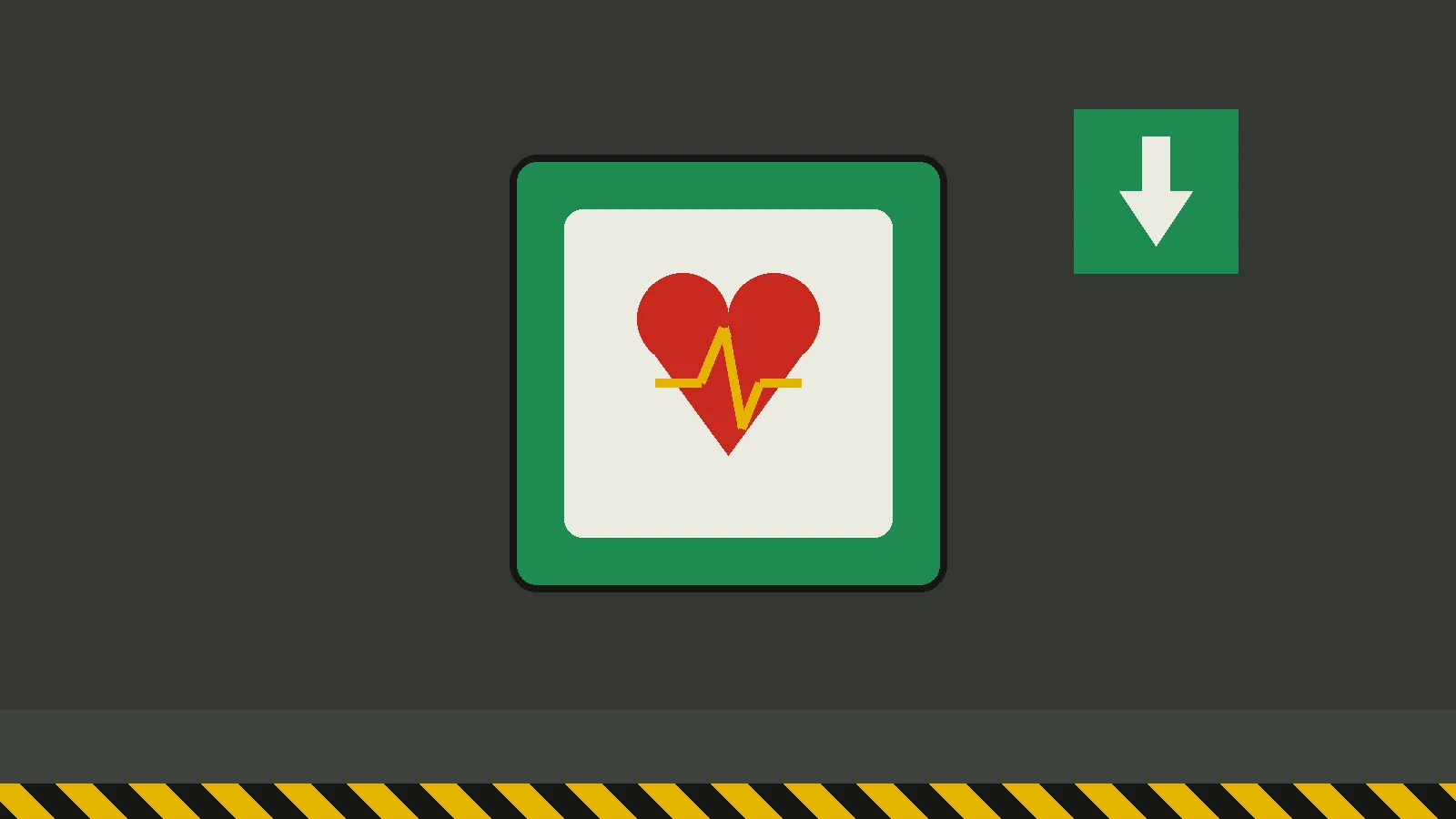 Illustration of a green wall-mounted AED cabinet with a heart and pulse symbol beside a direction sign