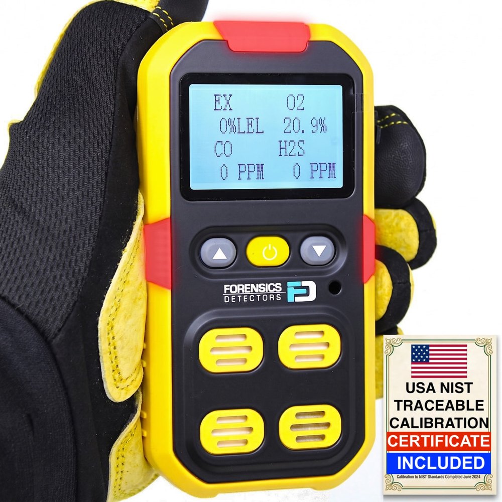 Forensics Detectors FD-4X 4-gas meter held in a gloved hand, with a USA NIST traceable calibration certificate card