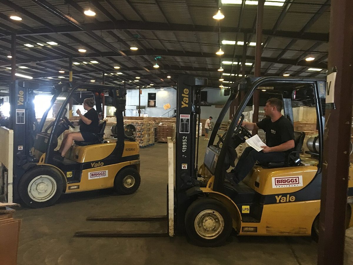 Forklifts parked in a warehouse with an operator seated on one