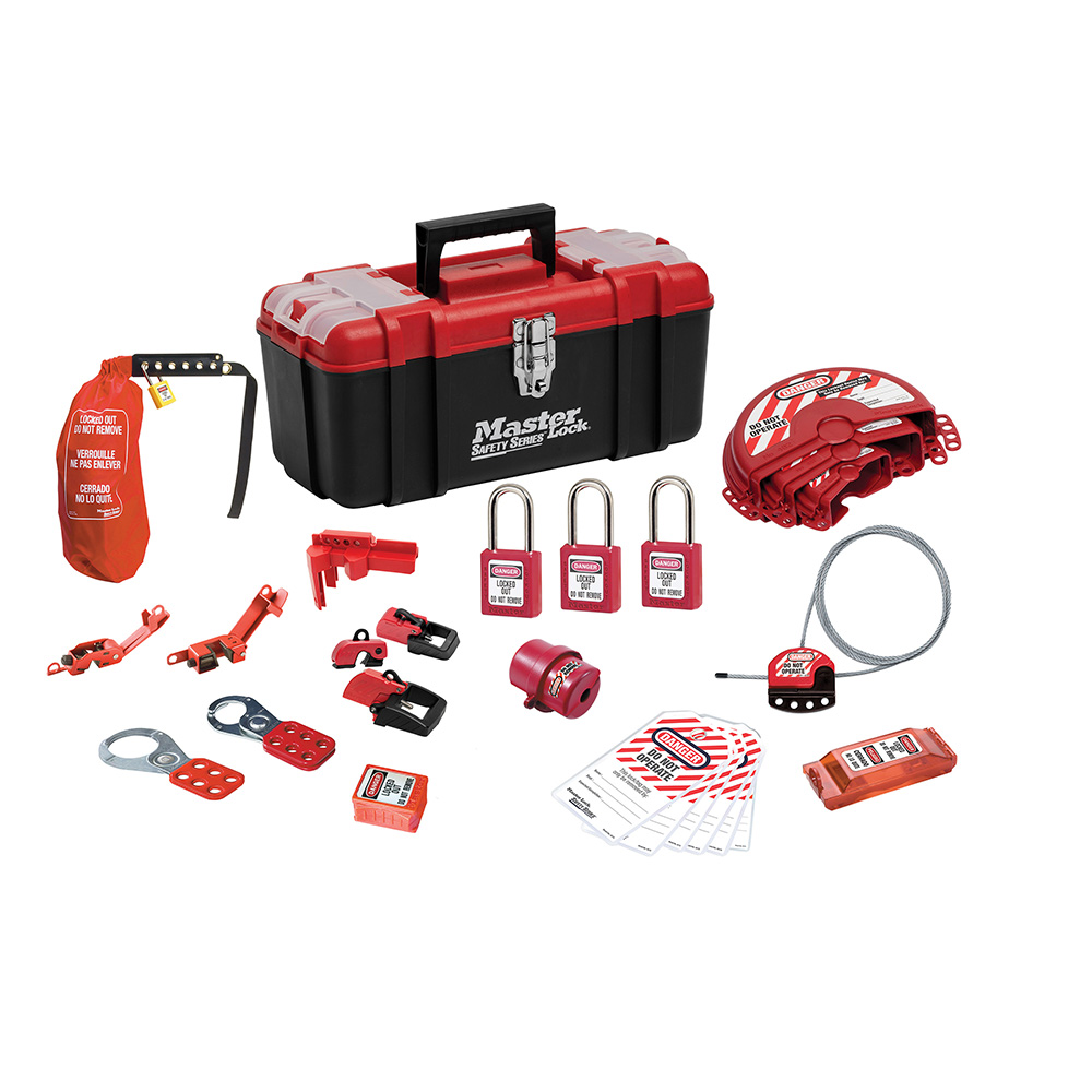 Master Lock 1457VE410KA personal lockout toolbox with padlocks, hasps, and tags