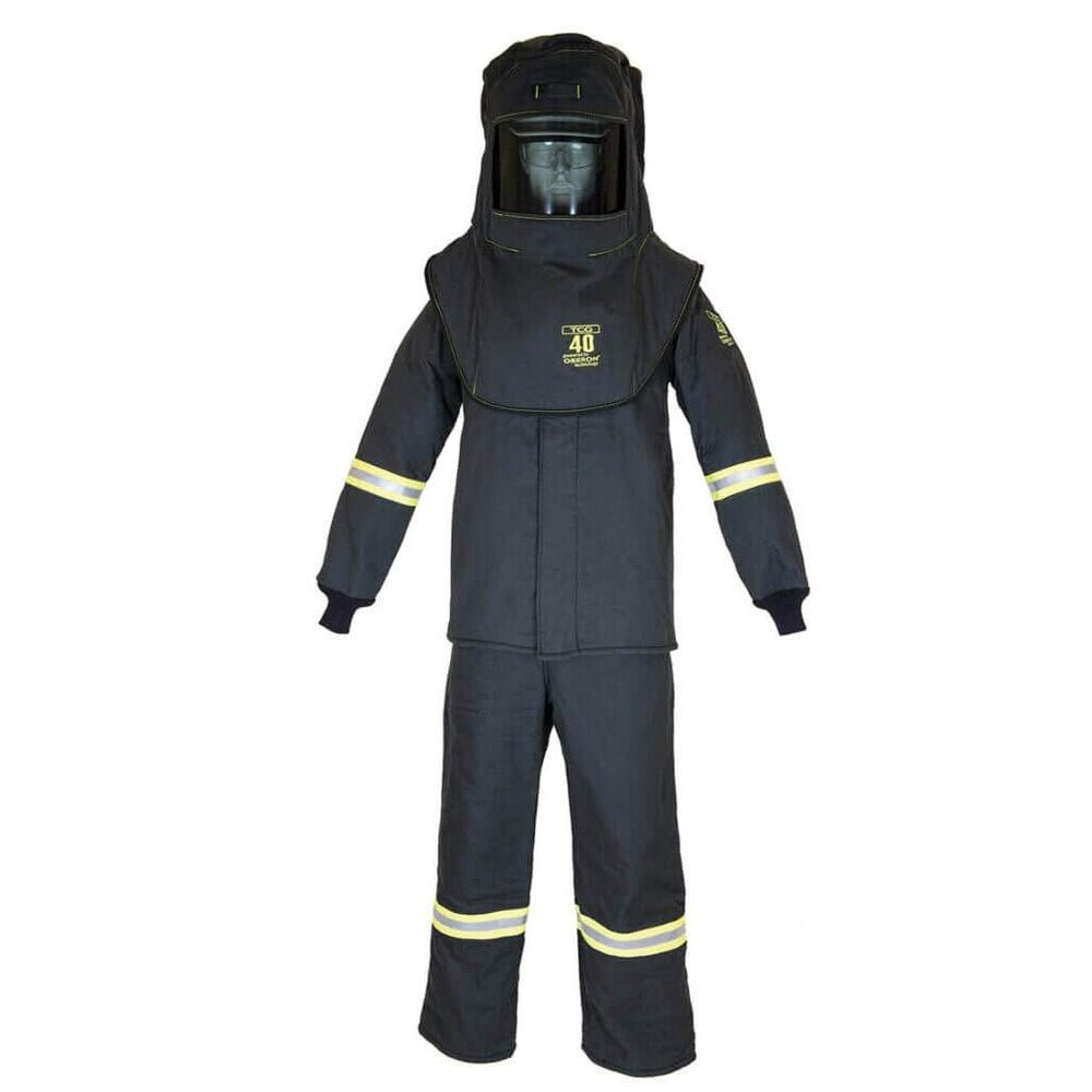 Oberon TCG 40 cal arc flash hood, coat, and bib overall set in dark navy with reflective striping