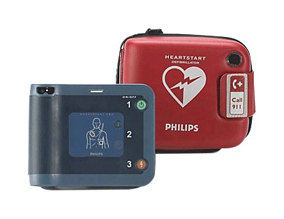 Philips HeartStart OnSite AED beside its carry case